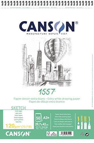 Canson 1557, weißes Skizzenpapier, leicht, 120 g, spiralförmig auf der kurzen Seite, A3-29,7 x 42 cm, extra weiß, 50 Blatt von Canson