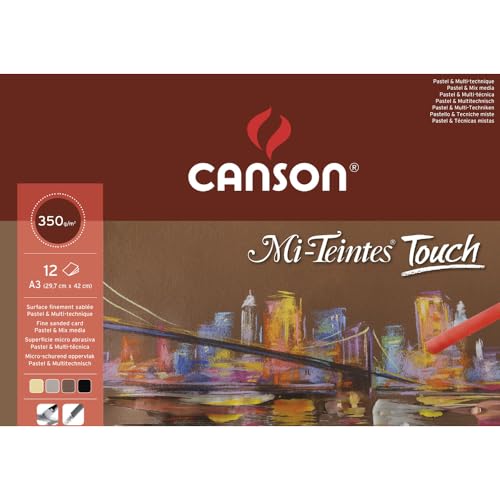 CANSON Mi-Teintes Touch, Pastellpapier, Sandpapier-Effekt, 350 g/m², an der langen Seite geleimter Block, DIN A3, 29,7 x 42 cm, 4 ausgewählte Farbtöne, 12 Blatt von Canson