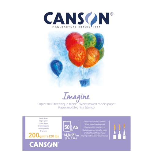 CANSON Imagine, Mixed Media Papier, leichte Körnung, 200 g/m², an der kurzen Seite geleimter Block, DIN A5, 14,8 x 21 cm, Naturweiß, 50 Blatt von Canson