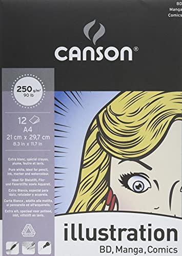 CANSON Illustration Manga, glattes Papier, 250 g/m², an der kurzen Seite geleimter Block, DIN A4, 21 x 29,7 cm, Weiß, 12 Blatt von Canson