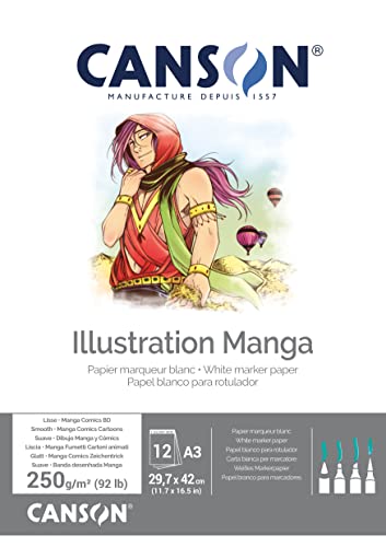 CANSON Illustration Manga, glattes Papier, 250 g/m², an der kurzen Seite geleimter Block, DIN A3, 29,7 x 42 cm, Weiß, 12 Blatt von Canson