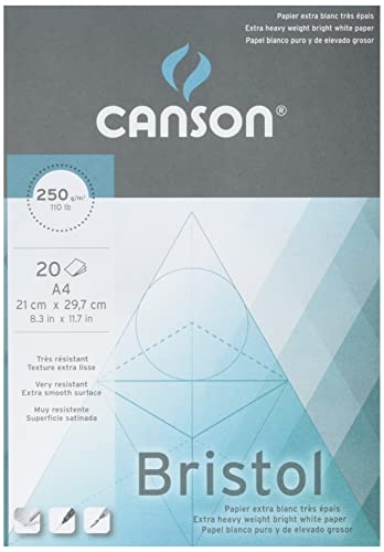 CANSON Illustration Bristol, extra glattes, satiniertes Papier, 250 g/m², an der kurzen Seite geleimter Block, DIN A4 21 x 29,7 cm, Extraweiß, 20 Blatt von Canson