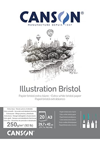 CANSON Illustration Bristol, extra glattes, satiniertes Papier, 250 g/m², an der kurzen Seite geleimter Block, DIN A3, 29,7 x 42 cm, Extraweiß, 20 Blatt von Canson