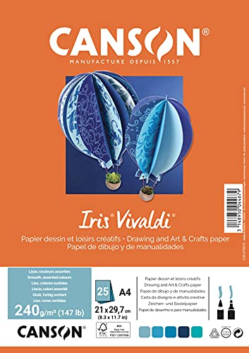 Canson 25 Blatt Iris Vivaldi A4 240 g/m² – 5 Farben (Blautöne), Farblich sortiert, Blau von Canson