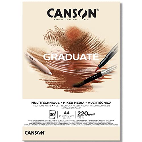 CANSON Graduate, Mixed Media Papier, zweiseitig: gekörnt und glatt, 220 g/m², an der kurzen Seite geleimter Block, DIN A4 21x29,7 cm, Natur, 30 Blatt von Canson