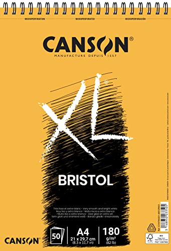 CANSON XL, Bristol Papier, sehr glattes Papier, 180 g/m², an der kurzen Seite spiralgebundener Block, DIN A4 21 x 29,7 cm, Extraweiß, 50 Blatt von Canson