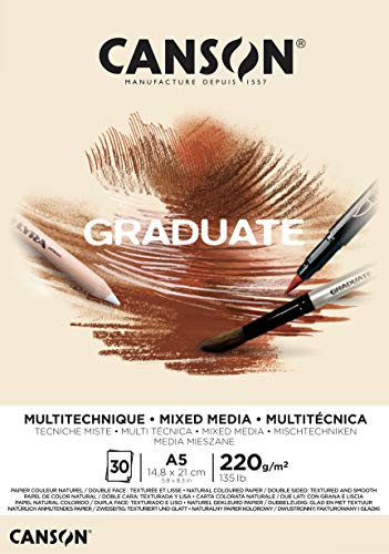 Canson Graduate - C400110367 Mix Media Papier Block, DIN A5, 30 Blatt, 220 g/m², Natur von Canson