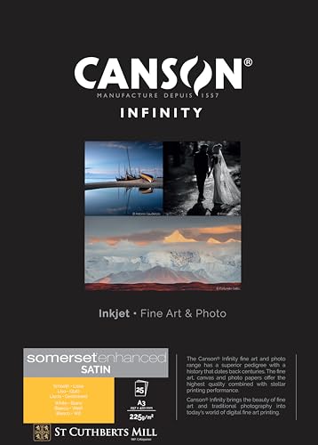 Canson Infinity Somerset Enhanced Satin White, digitales Fotopapier, glatt, 225 g/m², DIN A3 29,7 x 42 cm, Kartonbox, Extraweiß, 25 Blatt von Canson