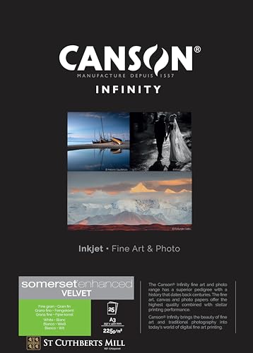 Canson Infinity Somerset Enhanced Velvet White, digitales Fotopapier, weiche Körnung, 225 g/m², DIN A3 29,7 x 42 cm, Kartonbox, Naturweiß, 25 Blatt von Canson