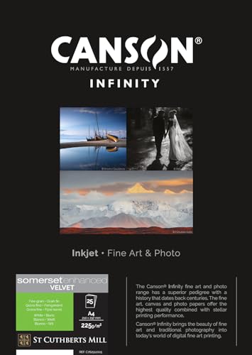 Canson Infinity Somerset Enhanced Velvet White, digitales Fotopapier, weiche Körnung, 225 g/m², DIN A4 21 x 29,7 cm, Kartonbox, Naturweiß, 25 Blatt von Canson