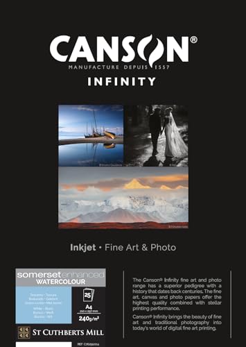 Canson Infinity Somerset Enhanced Watercolour White, digitales Fotopapier, 240 g/m², gekörnt, naturweiß, Box, DIN A4 21 x 29,7 cm, 25 Blatt von Canson