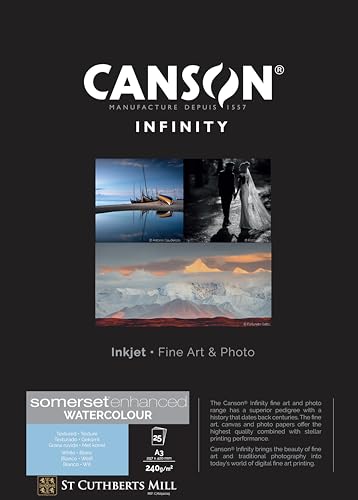 Canson Infinity Somerset Enhanced Watercolour White, digitales Fotopapier, 240 g/m², gekörnt, naturweiß, Box, DIN A3 29,7 x 42 cm, 25 Blatt von Canson