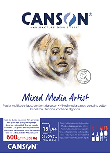 CANSON Mixed Media Künstlerblock, 600 g/m², A4, geklebter Block, 15 Blatt, ideal für professionelle Künstler und Studenten von Canson