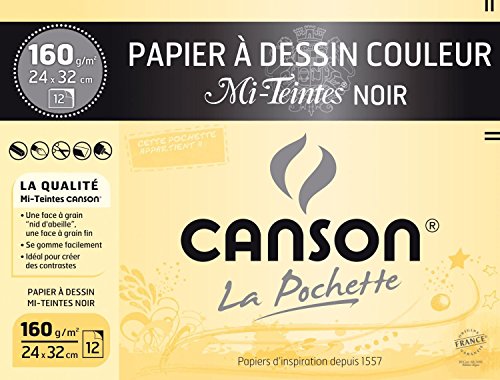 Canson-Papiertasche für Zeichnungen, Farbe Mi-Töne, Schwarz, 24 x 32 cm, 12 Blatt, 160 g/m² von Canson