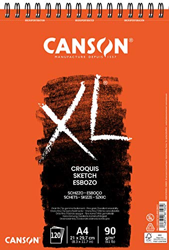 CANSON XL Skizzenpapier, feine Körnung, 90 g/m², an der kurzen Seite spiralgebundener Block, DIN A4 21 x 29,7 cm, Elfenbein, 120 Blatt von Canson