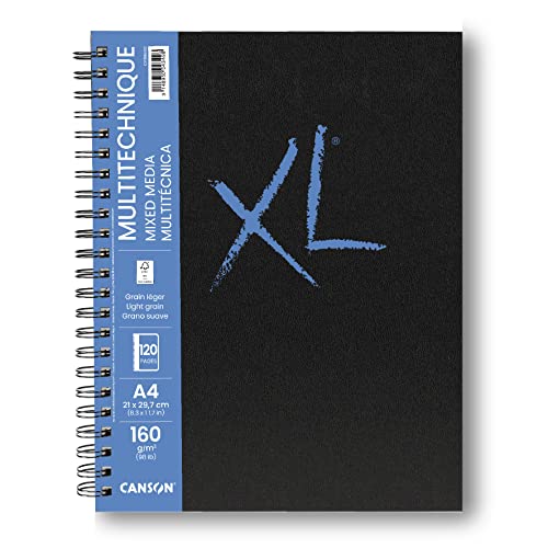 CANSON XL-Papier, strukturiert, gemischte Medien, 160 g/m², A4, mittlere Körnung, Spiralblock, lange Seite, 60 weiße Blätter, ideal für professionelle Künstler und Studenten von Canson