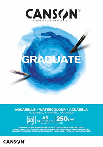 CANSON Graduate Aquarellpapier, 250 g/m², A5, kaltgepresst, Block geklebt, kurze Seite, 20 naturweiße Blätter, ideal für Studentenkünstler von Canson