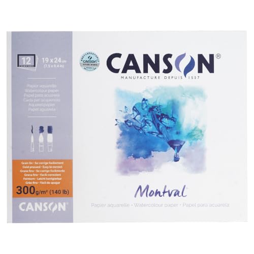 CANSON Montval, Aquarellpapier, fein, 300 g/m², rundum geleimter Block, 19 x 24 cm, Weiß, 12 Blatt von Canson