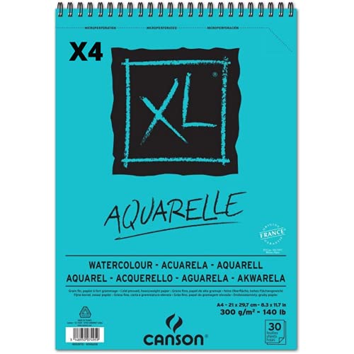 Pack 4 - Canson XL Aquarelle, Spiralalbum, mikroperforiert, A4, 30 Blatt, feine Körnung 300 g von Canson