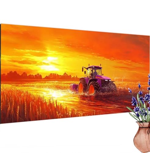 Diamond Painting Erwachsene Groß XXL Traktor, Diamant Painting Bilder Sonnenuntergang Bastelset Erwachsene Frauen, DIY 5D Diamond Art Malerei Set für Aesthetic Room Decor, Leinwand 80x160 cm k-408 von Canuhkun