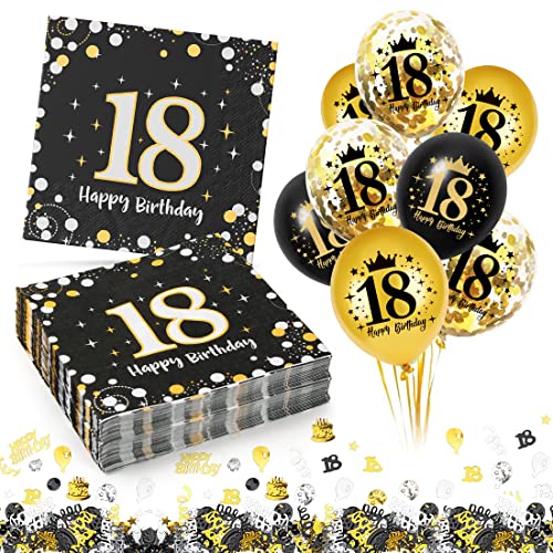 18. Geburtstag Deko Servietten 30 Stück+18 Stück Schwarz Gold Luftballons+ Konfetti Set, 18 Geburtstag Mädchen Junge Jubiläum Servietten, 3-Lagig Servietten 33x33cm,Geburtstagsservietten von Capaneus