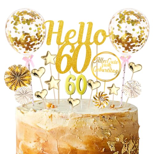 20 PCS Tortendeko 60 Geburtstag Frau Mann, Glitzer 60 Geburtstag Cake Topper, Hello 60 Torten Topper, Cake Topper 60 Geburtstag, Kuchendeko 60, Deko 60 Geburtstag Mann mit Geburtstagskerzen von Capaneus