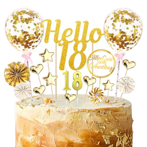 20 Pcs Tortendeko 18 Geburtstag Junge Mädchen, 18 Tortendeko Gold, Hello 18 Torten Topper, Cake Topper 18, Happy 18th Birthday Kuchendeko mit Geburtstagskerzen, 18. Geburtstag Party Kuchen Deko von Capaneus