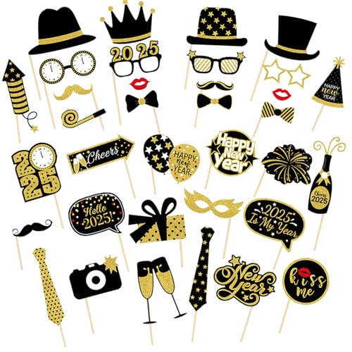 35 pcs Silvester Deko 2025，Silvester Foto Requisiten，Silvester Fotorahmen Bilderrahmen Schwarzes Gold，Fotobox Accessoires，Silvester deko zubehör，Silvester Photo Booth Props Hüte Brille von Capaneus