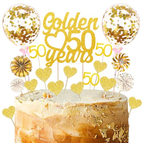 22 Stück Tortendeko Goldene Hochzeit, Cake Topper 50 Golden Years, Kuchendeko Goldene Hochzeit, Gold Tortendeko Glitzer für 50 Hochzeitstag Geburtstag Goldene Hochzeit Geschenk von Capaneus