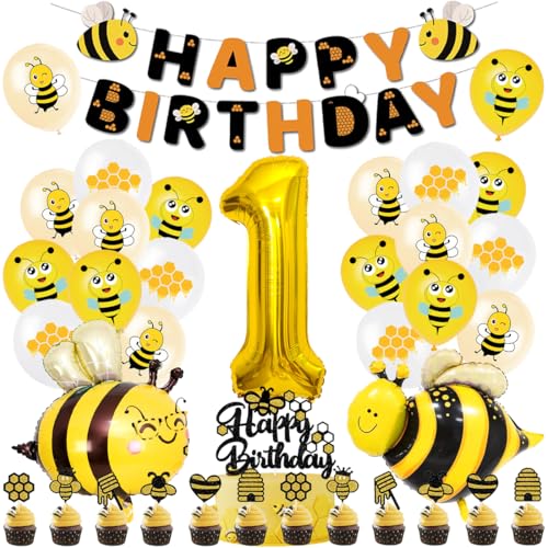 Biene Geburtstag Deko Set, Deko 1. Geburtstag Biene Folienballons, Biene Luftballon mit Happy Birthday Girlande, Tortendeko Geburtstag Bienen, Bee Balloon für 1 Jahre Geburtstagsdeko von Capaneus