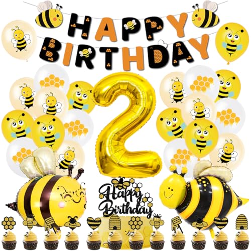 Biene Geburtstag Deko Set, Deko 2. Geburtstag Biene Folienballons, Biene Luftballon mit Happy Birthday Girlande, Tortendeko Geburtstag Bienen, Bee Balloon für 2 Jahre Geburtstagsdeko von Capaneus