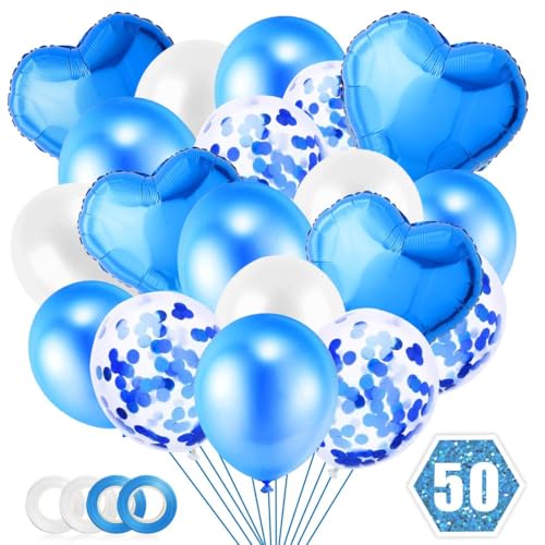 Blau Luftballons 50 Stück Herzluftballon Blau Latexballons Konfetti Ballons mit Bändern Helium Ballon Blau Folienballon Set für Geburtstag, Hochzeit Dekoration, Baby-Dusche, Party Deko von Capaneus