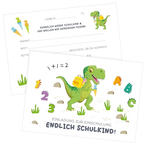 Capaneus 12er Dinosaurier Einschulung Einladungskarten, Dino Einladung Einschulung Junge, Dino Einladungskarten Einschulung Grundschule, Einladungskarten für Kinder zum Schulanfang, Endlich Schulkind von Capaneus