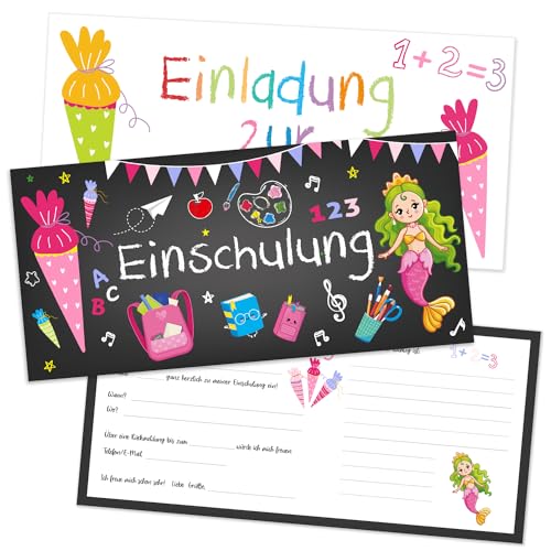 Capaneus 12pcs Einladungskarten Einschulung Meerjungfrau, Einschulung Einladung Mädchen mit Umschlag, Einladungen zum Schulanfang mit Meerjungfrau Motiv, Einladungskarten für Kinder zum Schulbeginn von Capaneus