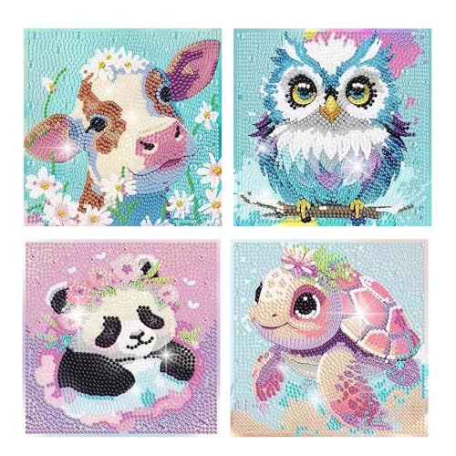 Diamond Painting Kinder, 4er Set Diamond Painting Tiere, Diamond Painting Panda Kuh Schildkröte Eule Bilder, 15x15cm Diamant Painting Basteln für Mädchen Junge 6 7 8 9 10 11 12 Jahre Geschenk von Capaneus