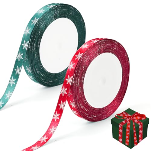 Geschenkband Weihnachten Rot Grün, 46M Schleifenband Weihnachten Schneeflocken 2CM, Schneeflocken Dekoband Weihnachten, Weihnachtsbänder Satinband für Geschenkverpackung Weihnachtsdeko Basteln von Capaneus