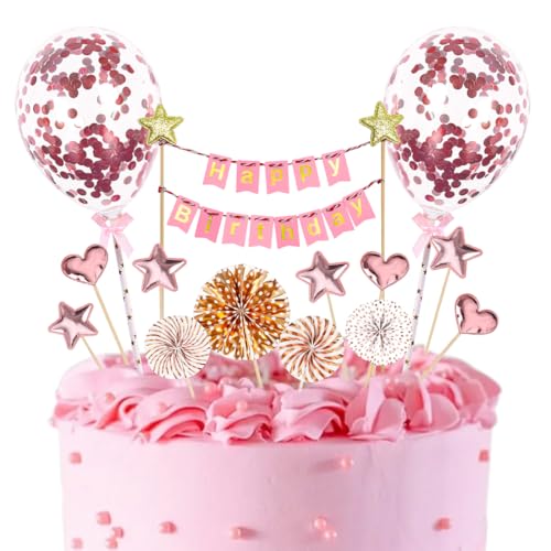 Happy Birthday Tortendeko, 17 Stück Rosa Cake Topper Geburtstag Mädchen, Kuchen Deko Rosa Geburtstag mit Konfetti Luftballons Papierfächer Stern Herz Cake Topper für Mädchen Frau Geburtstag Deko von Capaneus