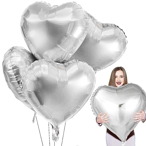 Herz Folienballon Silber 4PCS, 32 Zoll Herzluftballons Hochzeit, XXL Folienballons Herz, Herzluftballons Helium, Herzform Folienluftballon Geeignet für Geburtstag Hochzeit Dekoration von Capaneus