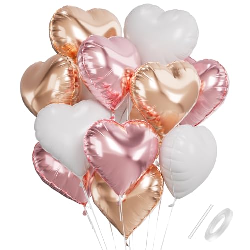 Herz Folienballons, 18 Zoll Herzluftballons Rosa Weiß Roségold, Herz Luftballon Helium, Herzballons Roségold Herzform Folienluftballon, Herzluftballons Hochzeit Romantisch Valentinstag Geburtstagsdeko von Capaneus