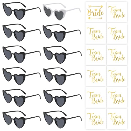 Herz Sonnenbrille Hochzeit Damen, 24 Stück Bride to Be Deko Sonnenbrille Herzform und Team Tattoo Aufkleber, Party Brillen Herz Sonnenbrille Team Bride, Hippie Herzförmige Brille für Wedding Décor von Capaneus