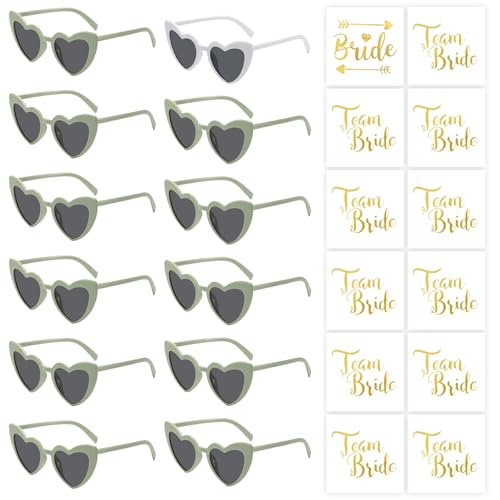 Herz Sonnenbrille Hochzeit Damen, 24 Stück Bride to Be Deko Sonnenbrille Herzform und Team Tattoo Aufkleber, Party Brillen Herz Sonnenbrille Team Bride, Hippie Herzförmige Brille für Wedding Décor von Capaneus