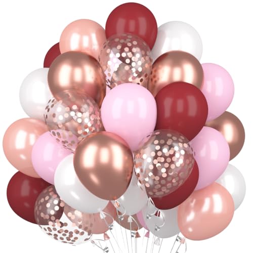 60 Stück Luftballons Weinrot Rosegold, Burgund Rot Rosegold Rosa Weiß Latex Luftballon, Dunkelrot Rosegold Konfetti Helium Ballons für Mädchen Frauen Geburtstag Hochzeit Baby Shower Deko von Capaneus