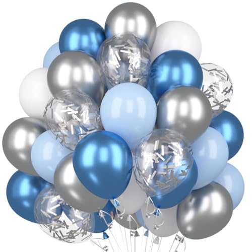 58 Stück Luftballons Blau Weiss Silber, Blaue Luftballons Set, Metallic Blau Weiß Silber Konfetti Luftballons, Dunkelblau Hellblau Silber Latex Ballons für Geburtstag Hochzeit Baby Shower Party Deko von Capaneus