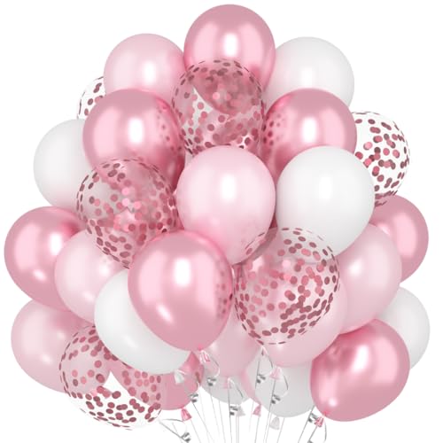 60 Stück Luftballons Rosa, 12 Zoll Metallische Rosa Weiß Helium Ballons, Luftballons Pink, Rosa Konfetti Latexballons, Geburtstagsdeko Rosa Luftballons für Mädchen Frauen Hochzeit Babyparty von Capaneus