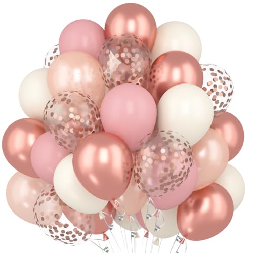 60 Stück Luftballons Rosa Rosegold, Luftballons Altrosa, Pink Retro Rosa Elfenbeinweiß Luftballons, Vintage Rosa Ballon mit Metallic Roségold Konfetti Ballons, Rosa Luftballons Mädchen Geburtstag von Capaneus