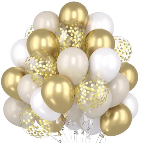 Luftballons Gold Weiß, 60 Stück Weiß Beige Gold Latexballons mit Gold Konfetti Ballons, Weißsand Metallic Gold Luftballons für Geburtstag Jubiläumsfeiern und Boho Babyparty Hochzeit JGA Party Deko von Capaneus