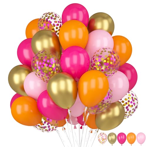 60 Stück Luftballons Rosa Orange, Hot Rosa Orange Ballons, Fuchsia Rosa Orange Luftballons mit Macaron Pink Gold Konfetti Helium Latexballons für Mädchen Geburtstag Hochzeit Babyparty Party Dekoration von Capaneus