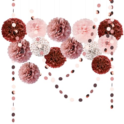 Pompons Deko Rosa, 15 Stück Seidenpapier Pompons mit Punkte Girlande Rosegold, Papier Pompons Girlande für Hochzeit JGA Geburtstag Jugendweihe Gartenparty Babyparty Deko von Capaneus