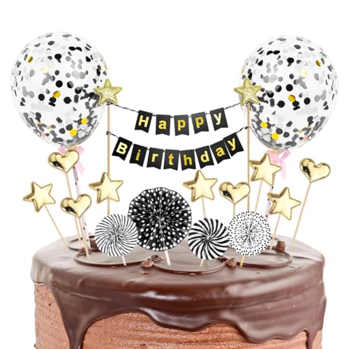 Happy Birthday Tortendeko, 17 Stück Schwarz Gold Cake Topper Geburtstag, Kuchendeko Schwarz Geburtstag mit Konfetti Luftballons Papierfächer Stern Herz Cake Topper für Junge Mann Geburtstag Deko von Capaneus