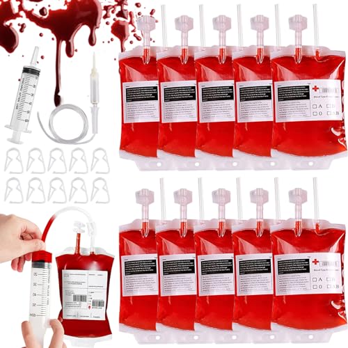 10 Stück Halloween Blutbeutel, 350ml Blutbeutel für Getränke, Halloween Blutbeutel zum Trinken mit Spritze 10 Clips 10 Blutart Aufkleber, Halloween Deko Blutbeutel Infusionsbeutel Vampir Trinkgefäß von Capgoost